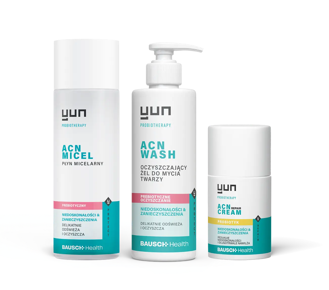 Zestaw kosmetyk&oacute;w Yun ACN: płyn micelarny, żel do mycia twarzy i krem.