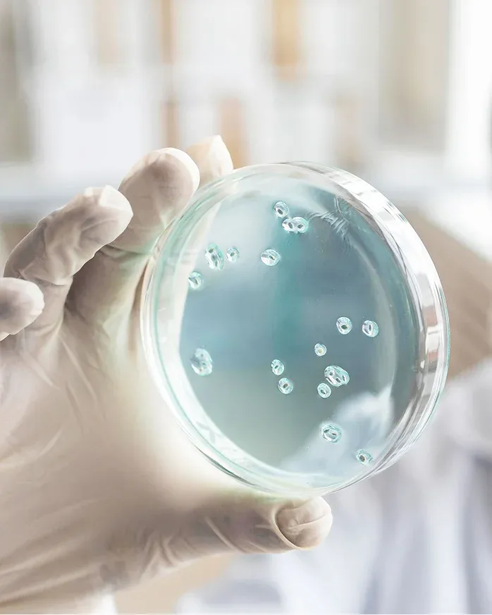 Ręka w rękawiczce trzymająca szalkę Petriego z pr&oacute;bką w laboratorium.