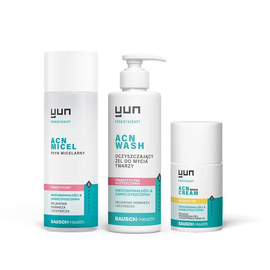Zestaw kosmetyk&oacute;w Yun ACN: płyn micelarny, żel do mycia twarzy i krem.