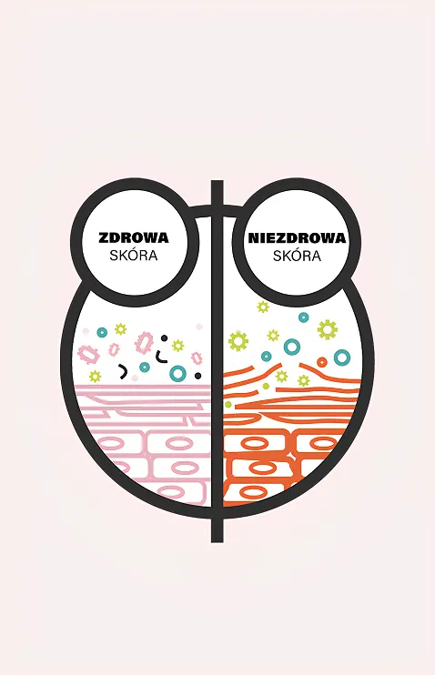 Ilustracja pokazująca różnicę między zdrową a niezdrową skórą.